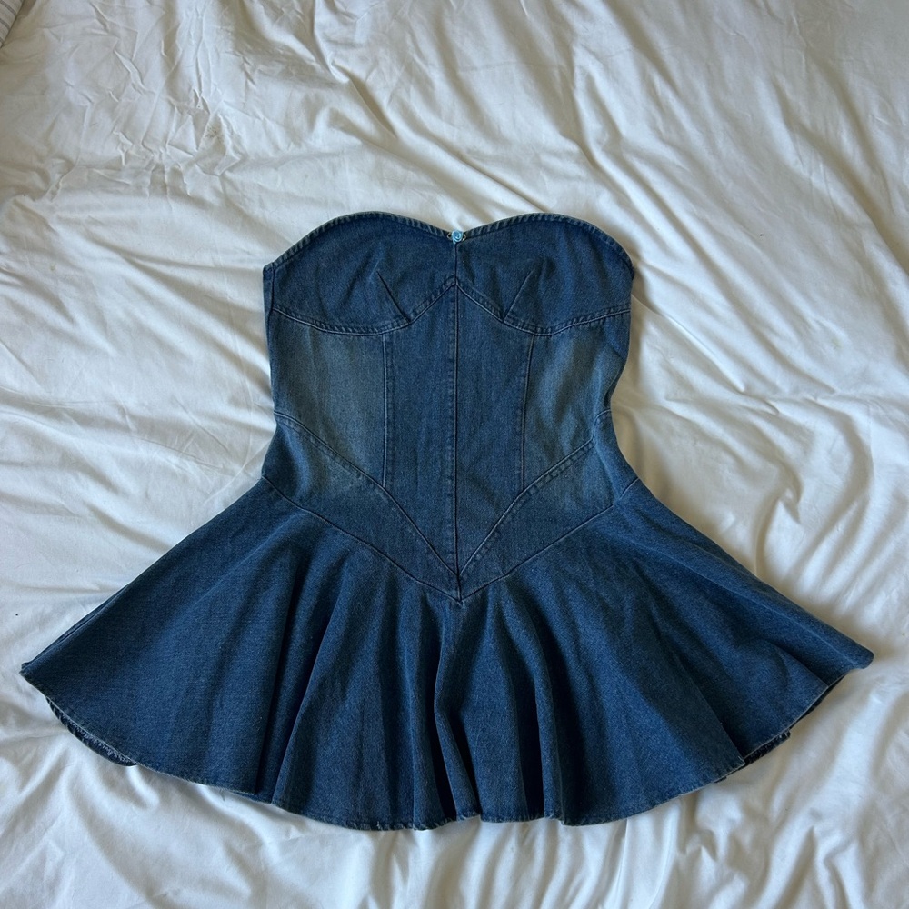 Strapless Denim Mini Dress | Structured Bodice | Size M